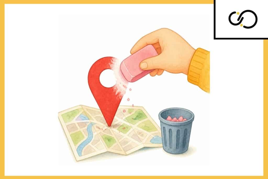 Cómo eliminar una ficha de Google Maps: ilustración de una mano borrando un marcador de ubicación en un mapa