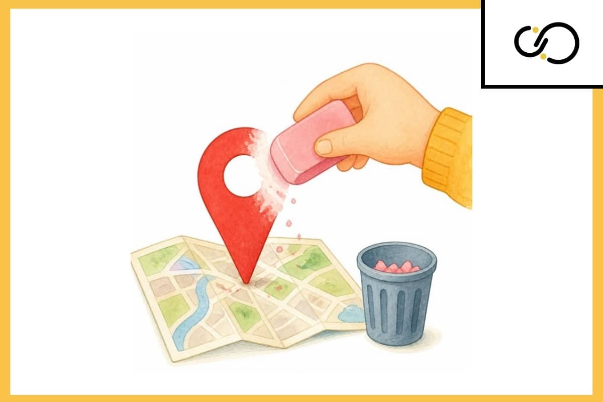 Cómo eliminar una ficha de Google Maps: ilustración de una mano borrando un marcador de ubicación en un mapa
