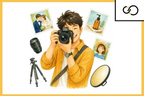 SEO para fotógrafos: ilustración de un fotógrafo con cámara rodeado de fotografías