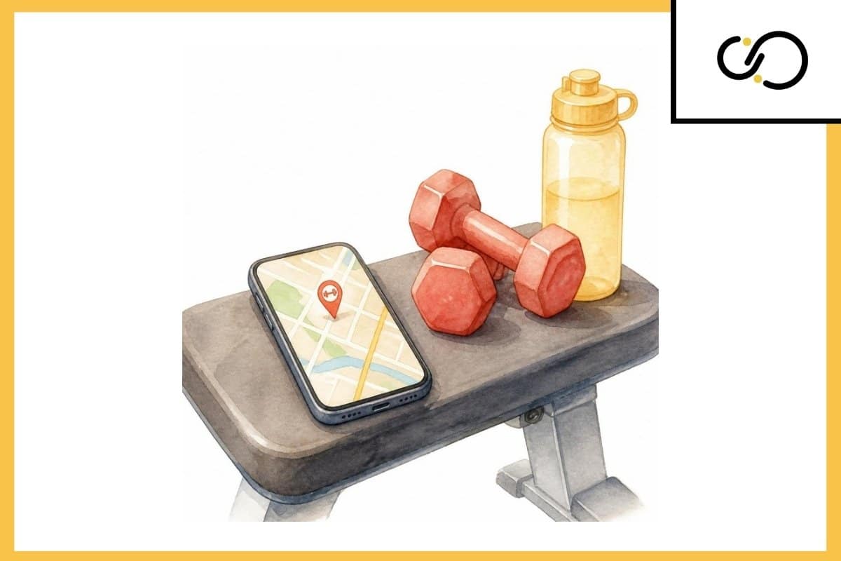 SEO para gimnasios: móvil con un mapa y la ubicación de un gimnasio junto a unas mancuernas