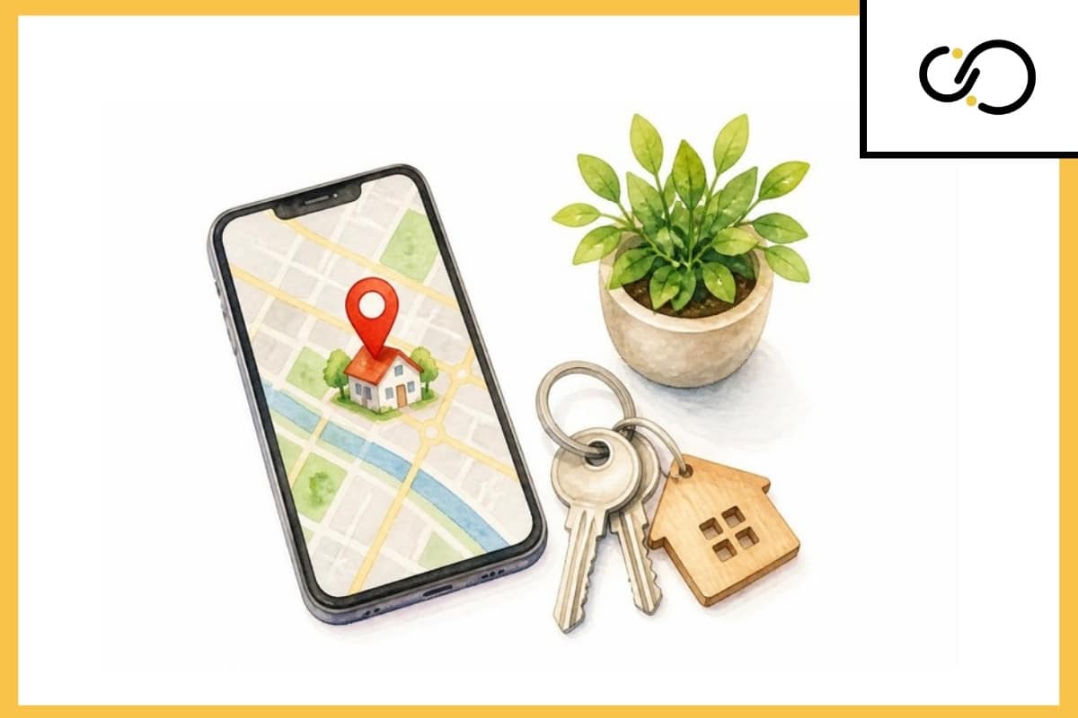 SEO para inmobiliarias: móvil con un mapa y la ubicación de una vivienda junto a unas llaves con llavero de casa