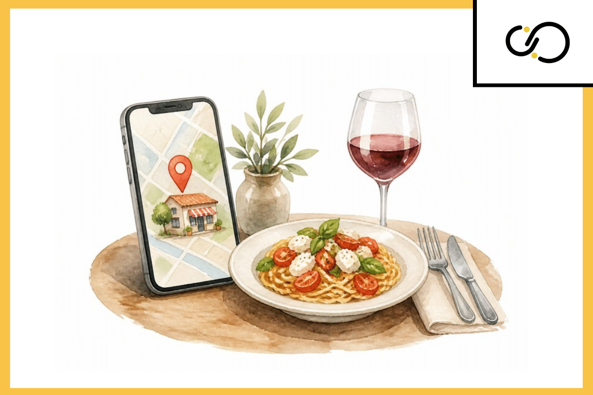 SEO para restaurantes: móvil con un mapa y la ubicación de un restaurante junto a un plato de pasta y una copa de vino